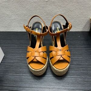 NWOT Saint Laurent Calfskin T-Strap Espadrille Platform Sandals Camel Size 37